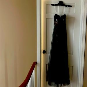 Marchesa Notte black gold silver strapless gown with pleated sheer overlay